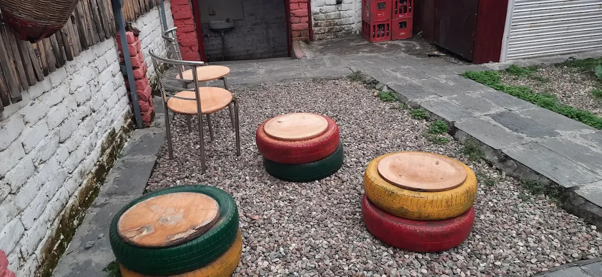 Tyre stools in the courtyard